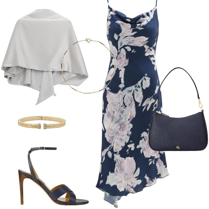 Outfit donna - Total look #2423895. Stile Chic per Serata fuori. Abbinamento con scialli, vestiti asimmetrici, borse a spalla, sandali col tacco, collane, braccialetti.