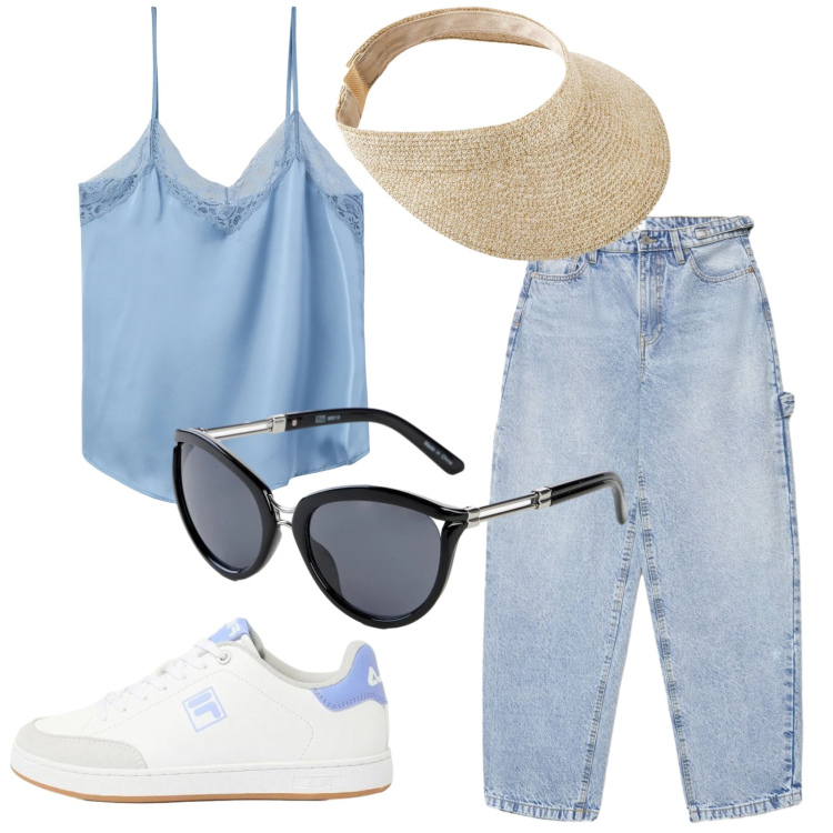 Outfit donna - Total look #2423897. Stile Casual chic per Tutti i giorni. Abbinamento con cappelli con visiera, sneakers, occhiali da sole, canottiere, jeans.