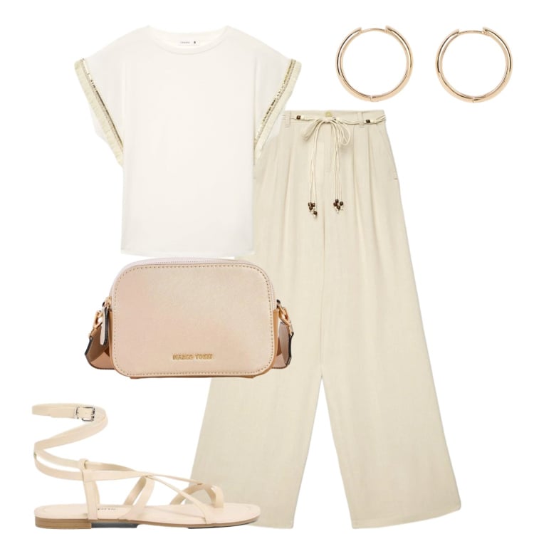 Outfit donna - Giugno. Stile Casual chic per Tutti i giorni. Abbinamento con orecchini, borse a tracolla, sandali, t-shirt, pantaloni.