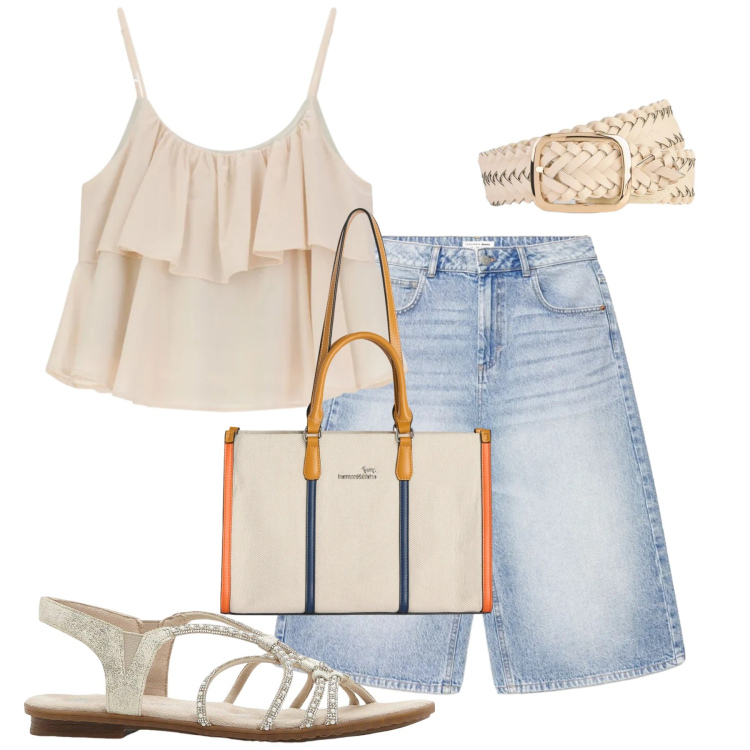 Outfit donna - City. Stile Casual per Tutti i giorni. Abbinamento con sandali, cinture, pantaloni corti, borse tote, top.