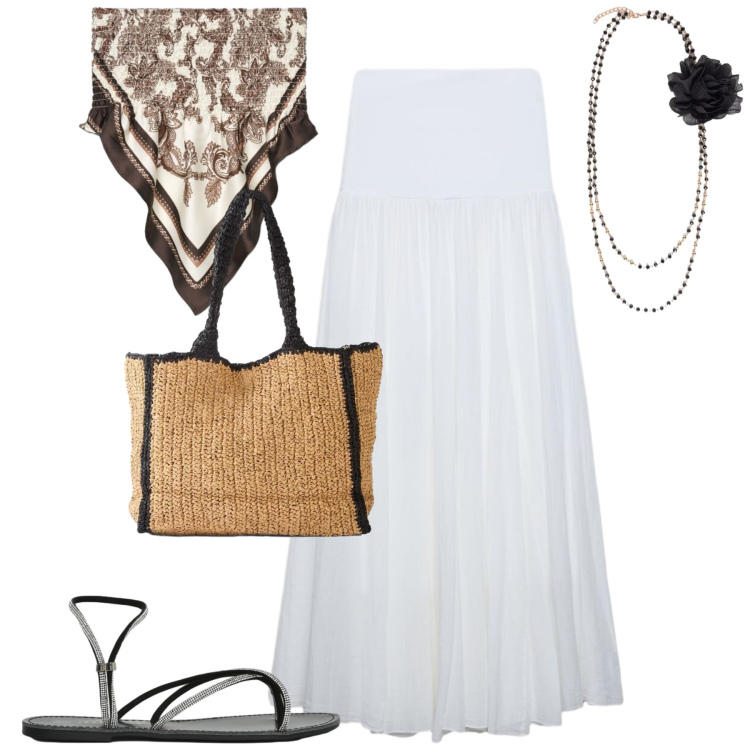 Outfit donna - Gonna o vestito?. Stile Casual chic per Tutti i giorni. Abbinamento con shopping bag, sandali, top, gonne lunghe, collane.