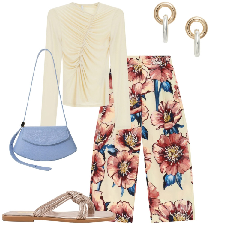 Outfit donna - I pantaloni floreali. Stile Casual chic per Tutti i giorni. Abbinamento con pantaloni a palazzo, t-shirt, borse a spalla, sandali, orecchini.