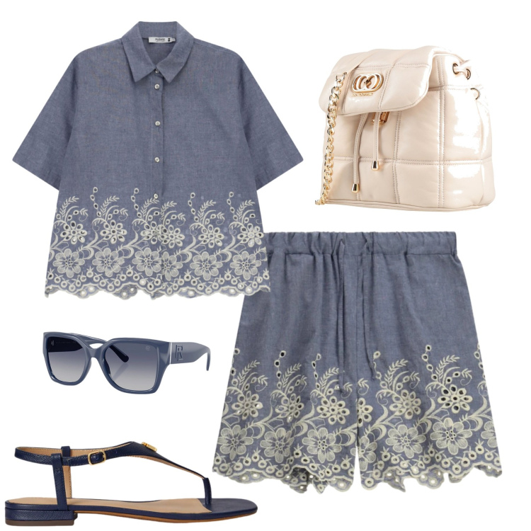 Outfit donna - Blu. Stile Casual chic per Tutti i giorni. Abbinamento con valigie, shorts, camicie a manica corta, occhiali da sole, sandali in pelle.