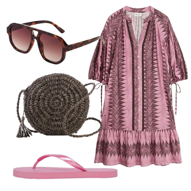 Outfit donna - Total look #2423913. Stile Etnico per Mare. Abbinamento con borse a tracolla, occhiali da sole, vestiti corti, infradito.