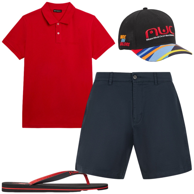 Outfit uomo - Total look #2423914. Stile Casual per Tutti i giorni. Abbinamento con cappelli con visiera, polo, sandali, bermuda.