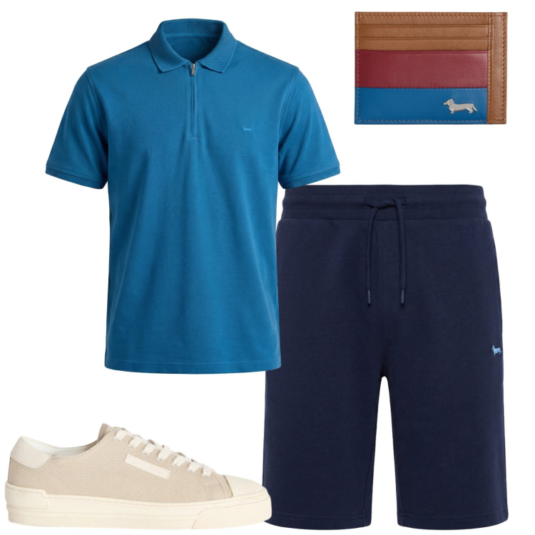 Outfit uomo - La polonvon la zip. Stile Casual per Tutti i giorni. Abbinamento con sneakers, polo, portafogli, pantaloni corti.