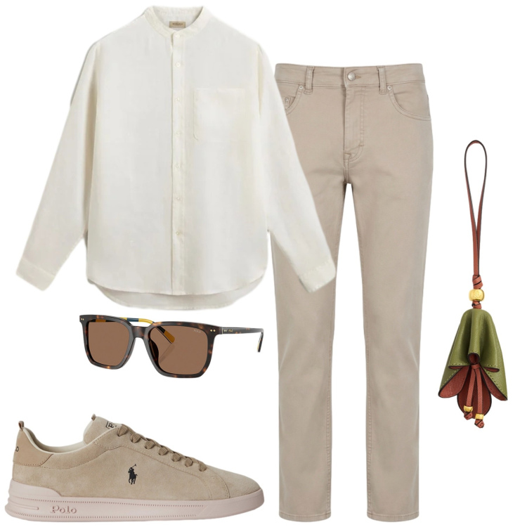 Outfit uomo - Aperitivo. Stile Casual per Serata speciale. Abbinamento con pantaloni, camicie, sneakers, occhiali da sole, portachiavi.