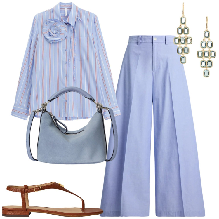 Outfit donna - I pantaloni Lauren. Stile Casual chic per Tutti i giorni. Abbinamento con camicie, pantaloni, sandali in pelle, borse a spalla, orecchini.
