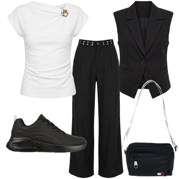 Outfit donna - Mannish. Stile Mannish per Tutti i giorni. Abbinamento con t-shirt, gilet, pantaloni a palazzo, sneakers, borse a tracolla.