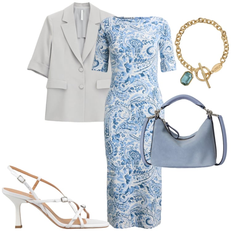 Outfit donna - Elegante. Stile Chic per Cerimonia. Abbinamento con sandali in pelle, blazer, vestiti midi/longuette, borse a spalla, braccialetti.