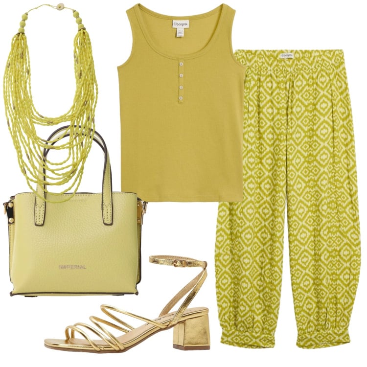 Outfit donna - Total look #2423943. Stile Basic per Mare. Abbinamento con sandali col tacco, pantaloni, canottiere, borse a tracolla, collane.