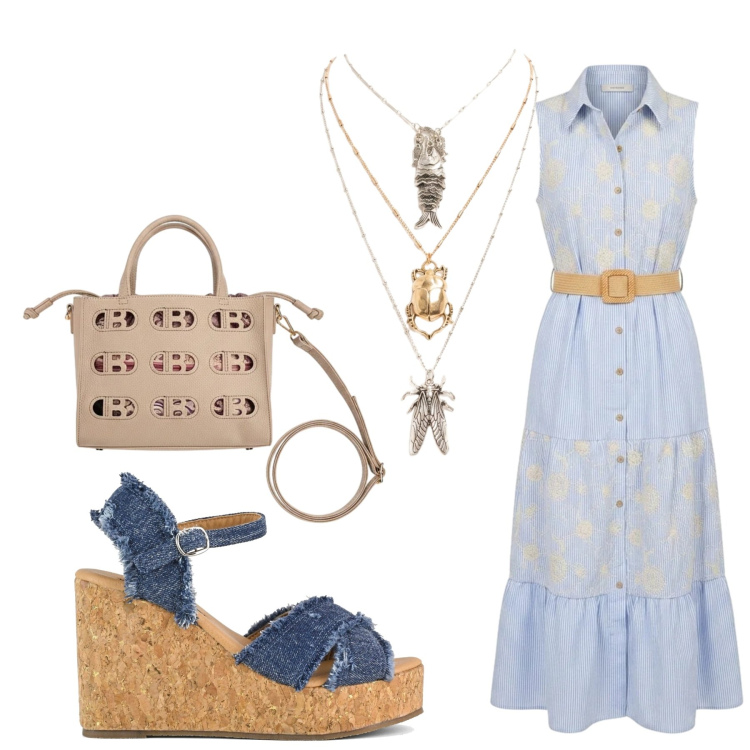 Outfit donna - Total look #2423947. Stile Casual per Ufficio. Abbinamento con ciondoli, vestiti chemisier, zeppe, borse a mano.