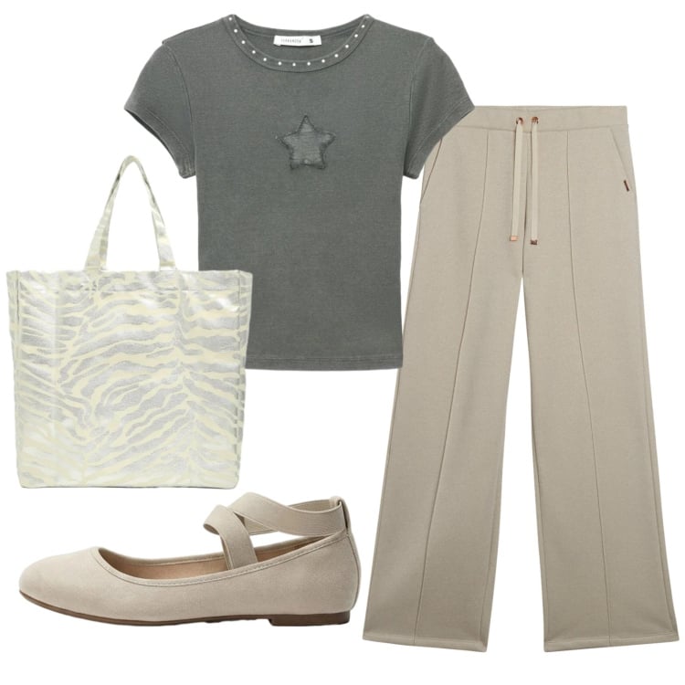 Outfit donna - Total look #2423949. Stile Basic per Tutti i giorni. Abbinamento con ballerine, t-shirt, shopping bag, pantaloni.
