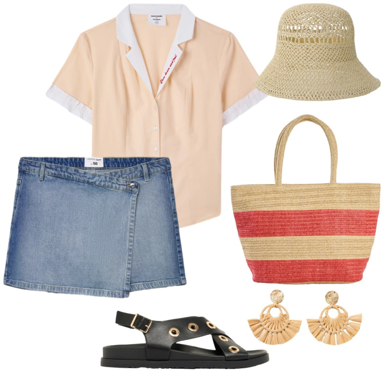 Outfit donna - Capello e borsa. per Mare. Abbinamento con sandali, shopping bag, orecchini, camicie a manica corta, gonne, cappelli.