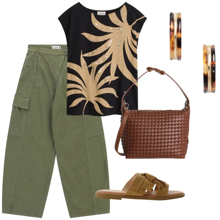 Outfit donna - Tropical. per Tutti i giorni. Abbinamento con t-shirt, borse a spalla, sandali, pantaloni cargo, orecchini.