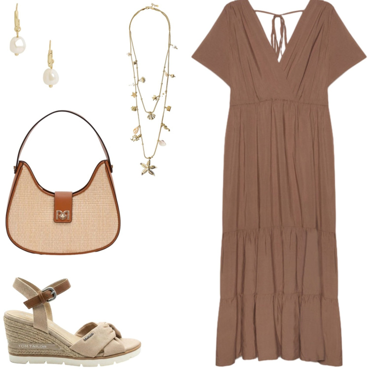 Outfit donna - Comfort e armonia. Stile Chic per Tutti i giorni. Abbinamento con sandali col tacco, collane, borse a spalla, vestiti lunghi, orecchini.