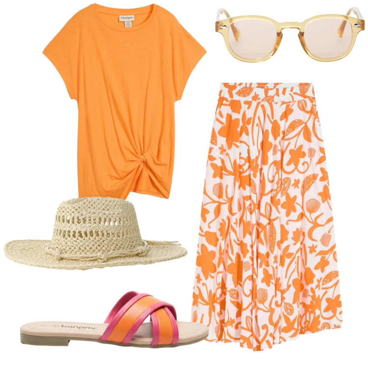 Outfit donna - Total look #2423960. Stile Basic per Mare. Abbinamento con maglieria, ciabatte, gonne lunghe, occhiali da sole, cappelli.