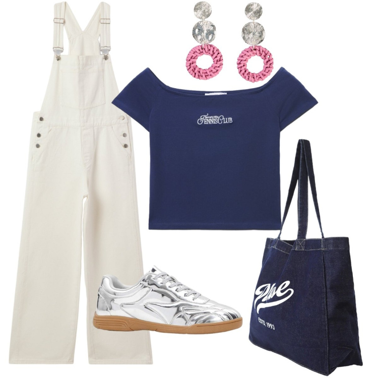 Outfit donna - La pratica salopette. Stile Preppy per Tutti i giorni. Abbinamento con sneakers, orecchini, salopette, t-shirt, shopping bag.