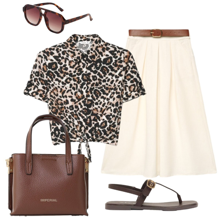Outfit donna - In ufficio. Stile Glamour per Ufficio. Abbinamento con occhiali da sole, sandali, gonne lunghe, camicie a manica corta, borse a tracolla.