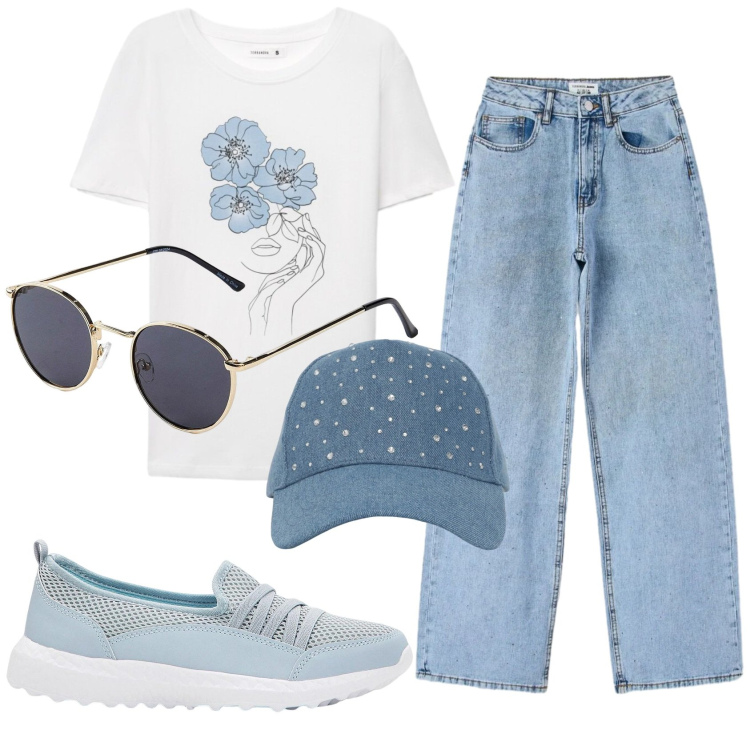 Outfit donna - Total look #2423966. Stile Casual per Tutti i giorni. Abbinamento con sneakers, occhiali da sole, cappelli, t-shirt, jeans.