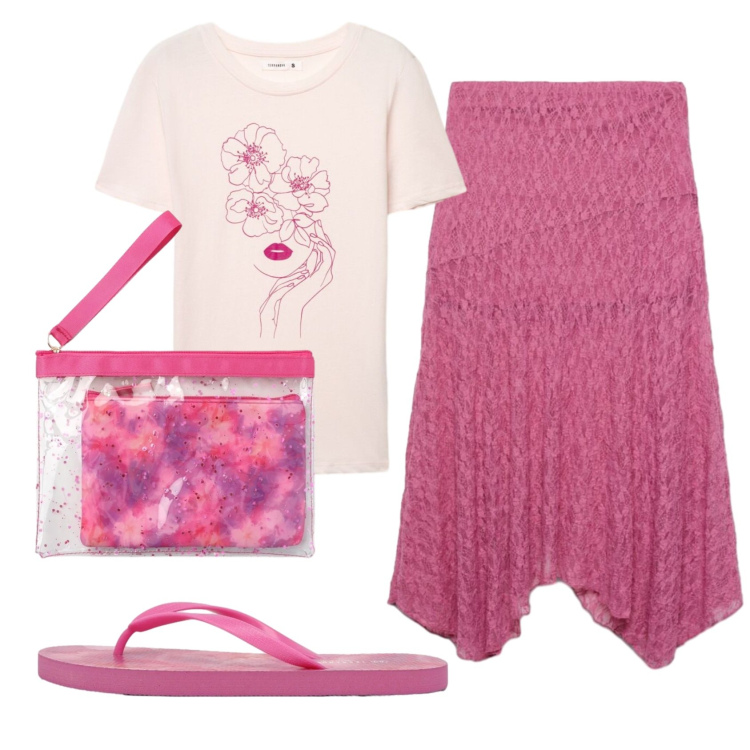 Outfit donna - Total look #2423967. Stile Romantica per Tutti i giorni. Abbinamento con pochette, t-shirt, infradito, gonne longuette.
