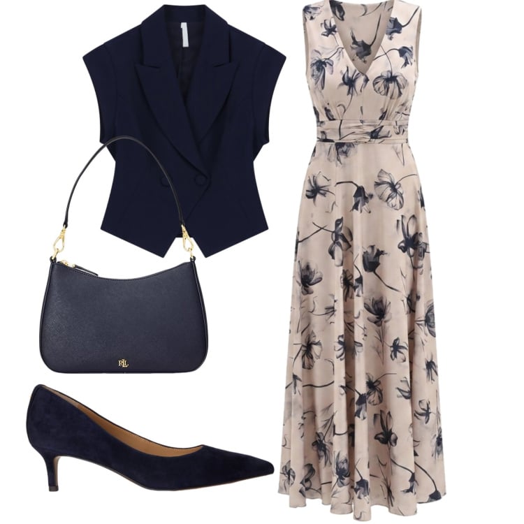 Outfit donna - Total look #2423968. Stile Chic per Cerimonia. Abbinamento con décolleté, borse a spalla, vestiti lunghi, gilet.
