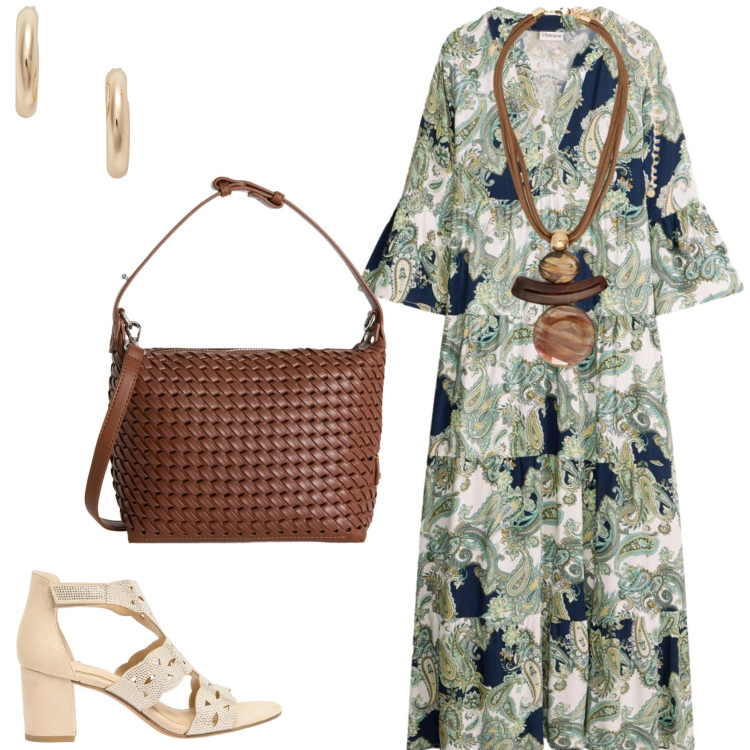 Outfit donna - Relax e armonia. Stile Basic per Tutti i giorni. Abbinamento con sandali col tacco, vestiti lunghi, borse a spalla, ciondoli, orecchini.