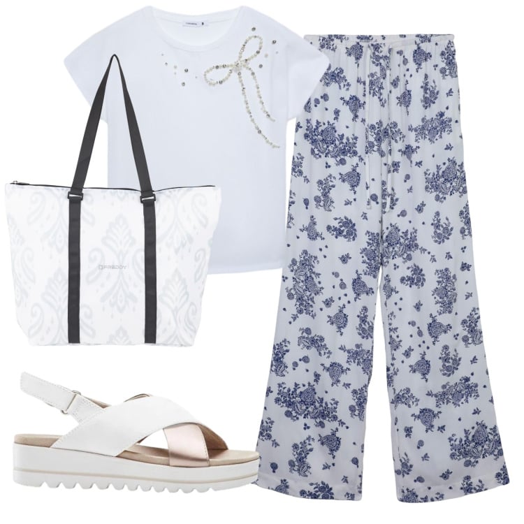 Outfit donna - Total look #2423970. Stile Basic per Tutti i giorni. Abbinamento con sandali, pantaloni, t-shirt, shopping bag.