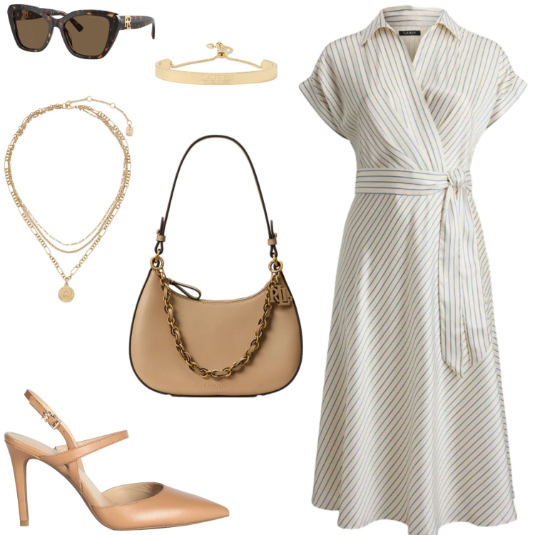 Outfit donna - Confortevole e chic. Stile Chic per Serata fuori. Abbinamento con décolleté, vestiti midi/longuette, occhiali da sole, ciondoli, borse a spalla, braccialetti.