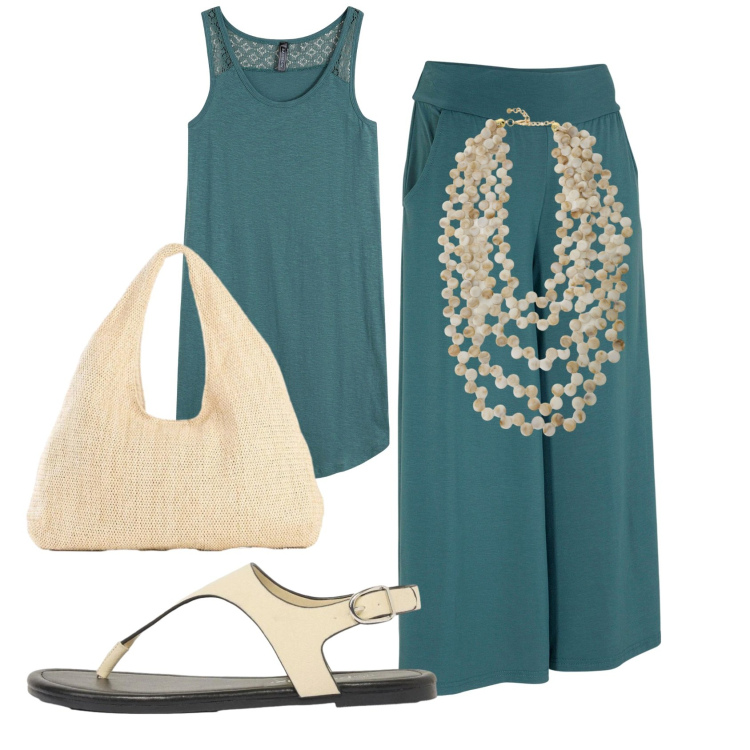 Outfit donna - Total look #2423972. Stile Basic per Ufficio. Abbinamento con pantaloni culotte, vestiti, shopping bag, infradito, collane.