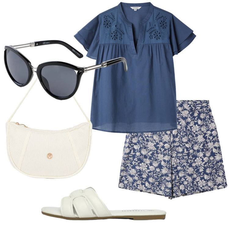 Outfit donna - Total look #2423974. Stile Romantica per Tutti i giorni. Abbinamento con occhiali da sole, shorts, bluse, ciabatte, borse a mano.