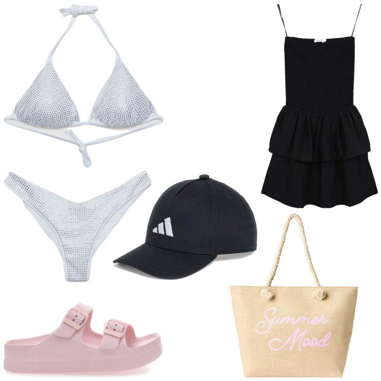 Outfit donna - Una giornata al mare con Terranova. Stile Trendy per Mare. Abbinamento con vestiti corti, borse tote, bikini, bikini, ciabatte, cappelli con visiera.