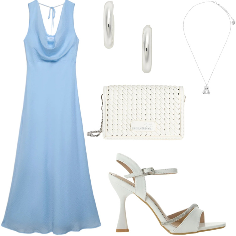 Outfit donna - Cena in riva al mare. Stile Chic per Serata fuori. Abbinamento con vestiti lunghi, borse a tracolla, sandali gioiello, ciondoli, orecchini.