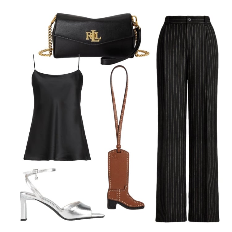 Outfit donna - Giugno. Stile Chic per Serata fuori. Abbinamento con top, sandali col tacco, portafogli, pantaloni, ciondoli.