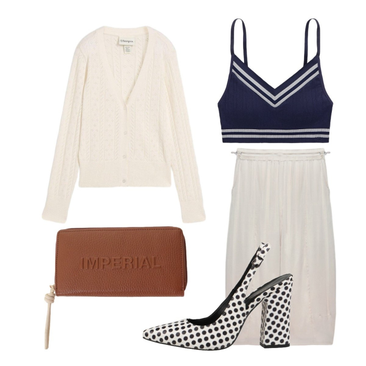 Outfit donna - Nelle serate fresche. Stile Casual chic per Serata fuori. Abbinamento con décolleté, cardigans, portafogli, pantaloni, reggiseni.