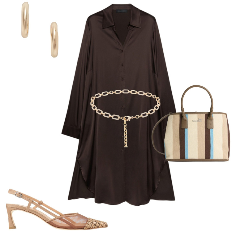 Outfit donna - Casual chic ogni giorno. Stile Casual chic per Tutti i giorni. Abbinamento con décolleté, shopping bag, cinture, vestiti chemisier, orecchini.
