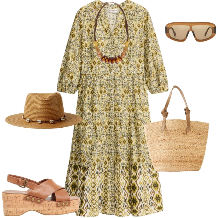 Outfit donna - Boho ogni giorno. Stile Boho per Tutti i giorni. Abbinamento con vestiti midi/longuette, shopping bag, zeppe, cappelli, occhiali da sole, collane.