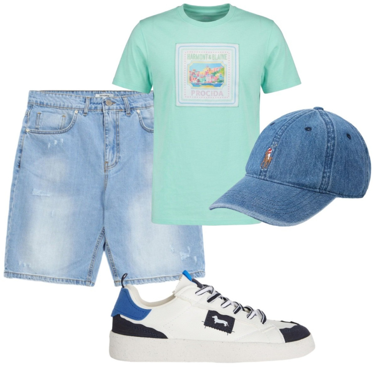 Outfit uomo - Total look #2423991. Stile Casual per Tutti i giorni. Abbinamento con sneakers, t-shirt, cappelli, bermuda.