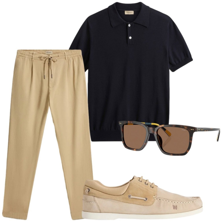 Outfit uomo - Comodità estive Woolrich. Stile Trendy per Ufficio. Abbinamento con pantaloni, scarpe stringate, polo, occhiali da sole.