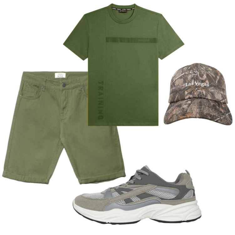 Outfit uomo - Total look #2423999. Stile Casual per Tutti i giorni. Abbinamento con sneakers, cappelli con visiera, bermuda, t-shirt.