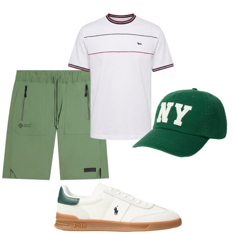 Outfit uomo - Total look #2424003. Stile Trendy per Tutti i giorni. Abbinamento con t-shirt, bermuda, sneakers, cappelli con visiera.