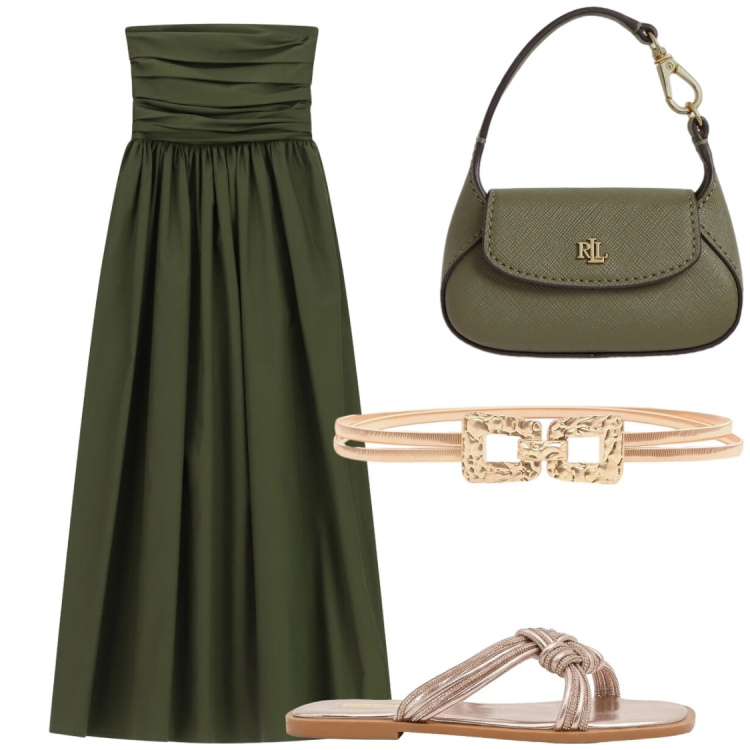 Outfit donna - Serate al tramonto. Stile Chic per Serata fuori. Abbinamento con vestiti midi/longuette, cinture, sandali, borse a mano.