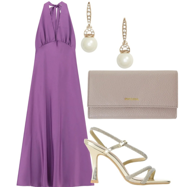 Outfit donna - Eventi estivi. Stile Glamour per Cerimonia. Abbinamento con vestiti lunghi, portafogli, sandali col tacco, orecchini.