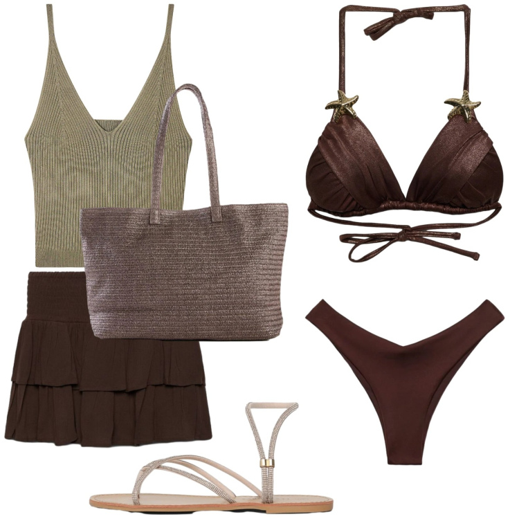 Outfit donna - Total look #2424017. Stile Trendy per Mare. Abbinamento con shopping bag, sandali, bikini, top, bikini, minigonne.