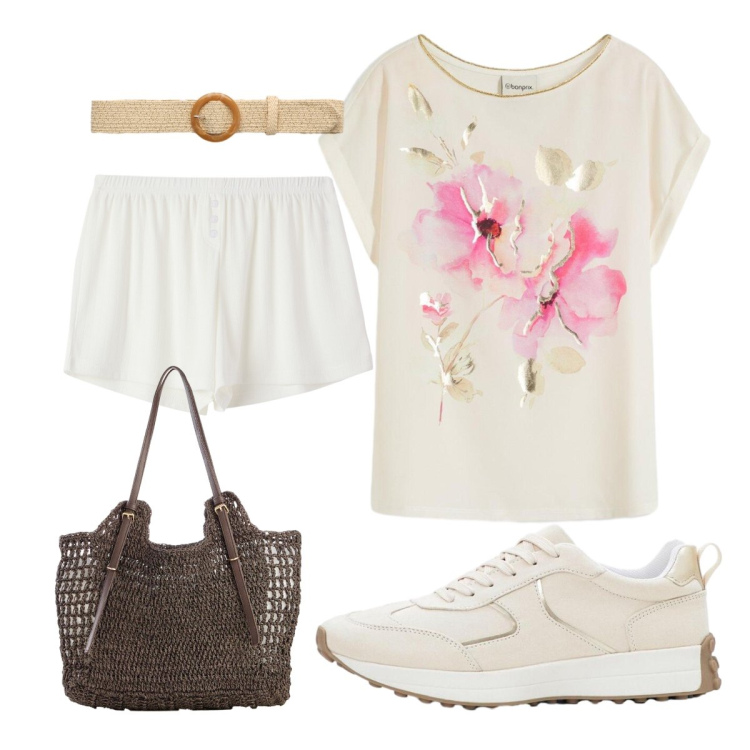 Outfit donna - Giugno. Stile Urban per Tutti i giorni. Abbinamento con shopping bag, maglieria, sneakers, shorts, cinture.