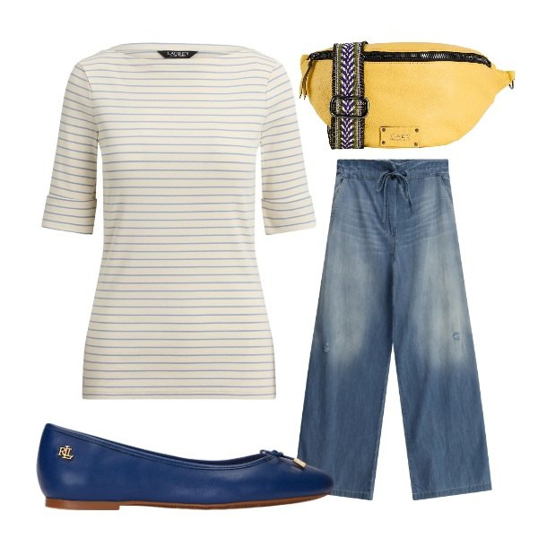 Outfit donna - ballerine estive. Stile Urban per Tutti i giorni. Abbinamento con marsupi, jeans, ballerine, t-shirt.