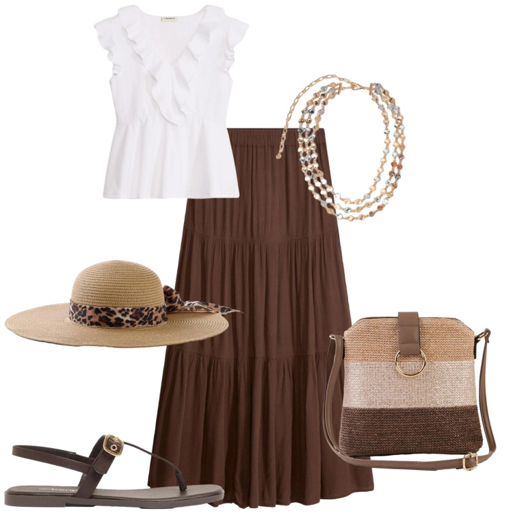 Outfit donna - Casual chic ogni giorno. Stile Casual chic per Tutti i giorni. Abbinamento con bluse, gonne lunghe, borse a tracolla, cappelli, sandali, collane.