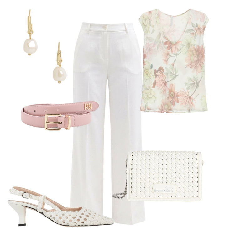 Outfit donna - Touch pink. Stile Glamour per Tutti i giorni. Abbinamento con décolleté, borse a tracolla, orecchini, pantaloni, cinture, top.