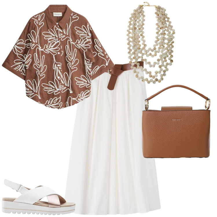 Outfit donna - Casual chic ogni giorno. Stile Casual chic per Tutti i giorni. Abbinamento con camicie a manica corta, sandali, gonne longuette, borse a secchiello, collane.