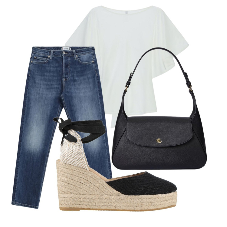 Outfit donna - Espadrillas trendy. Stile Trendy per Tutti i giorni. Abbinamento con espadrillas, t-shirt, jeans, borse a spalla.